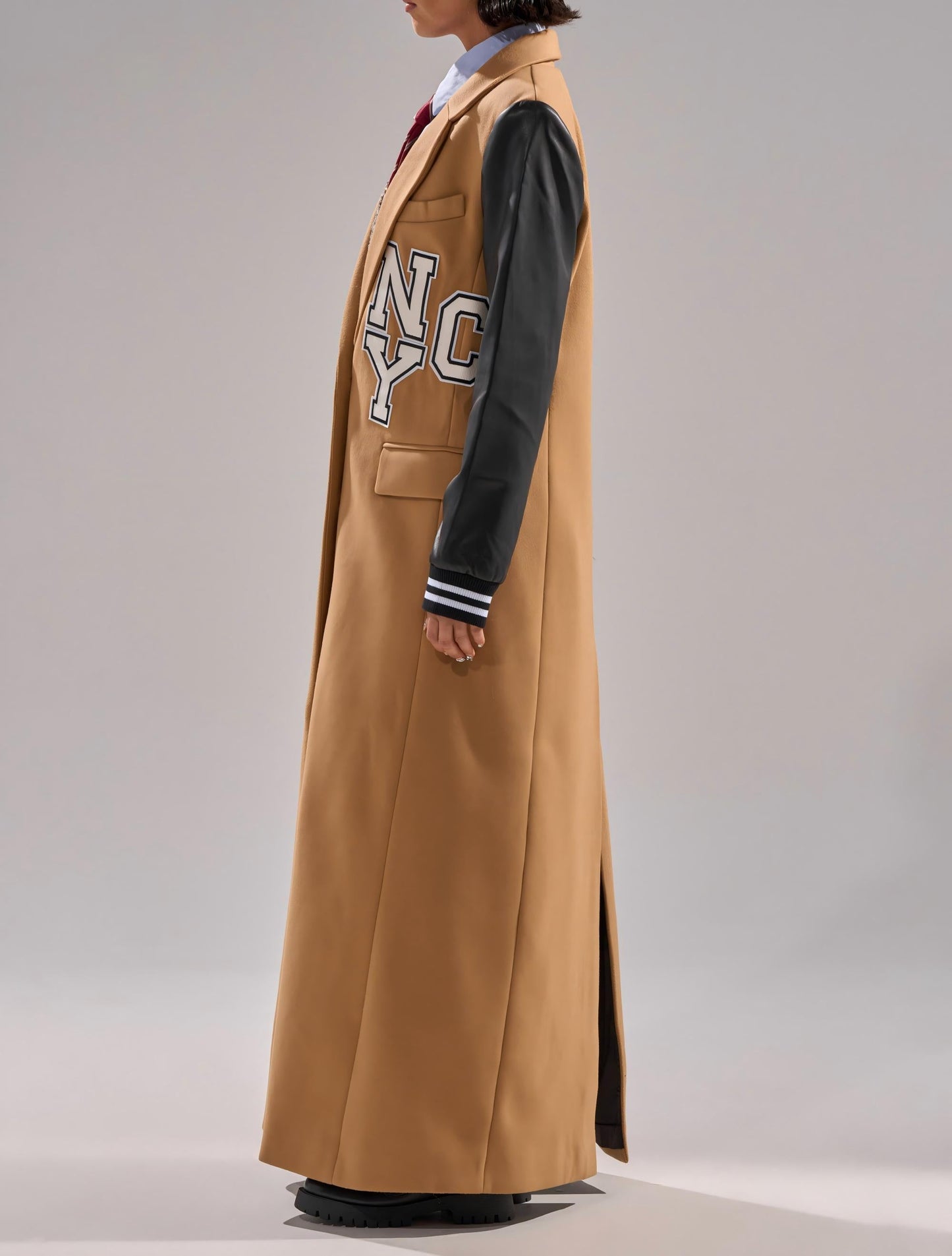 Faux leather long-sleeved baseball jacket