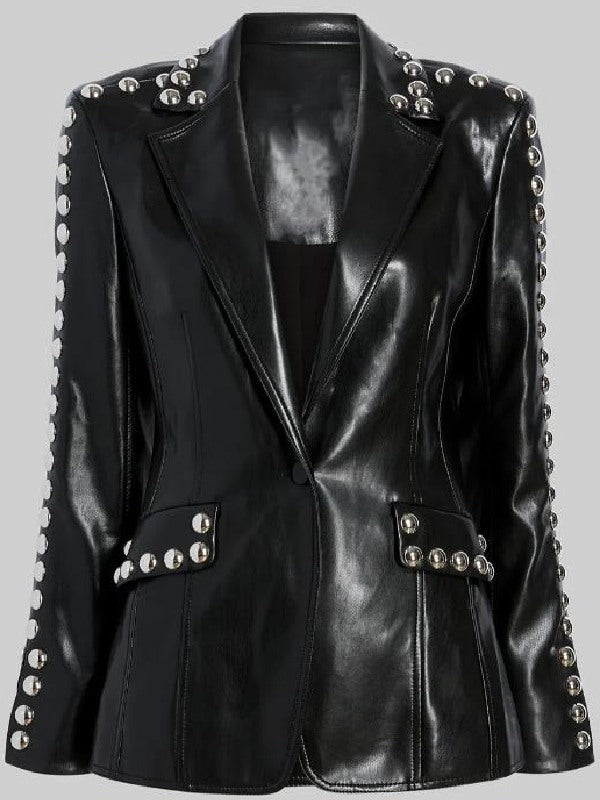 Studded lapel leather jacket