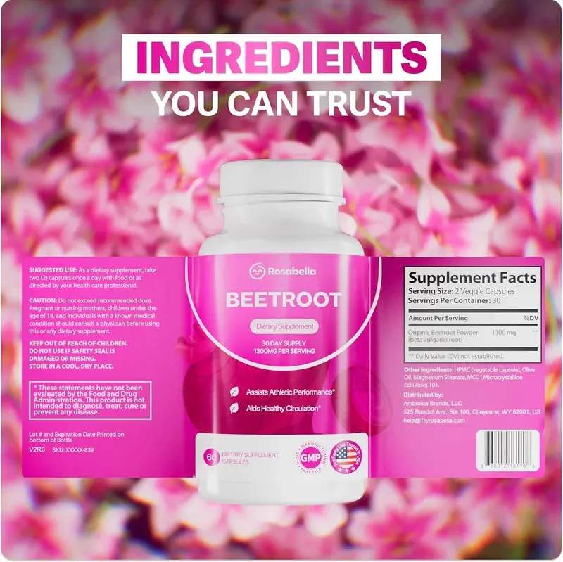 3 Pack of Rosabella Organic Beetroot Capsules (1300mg) for Blood Flow & Heart Health
