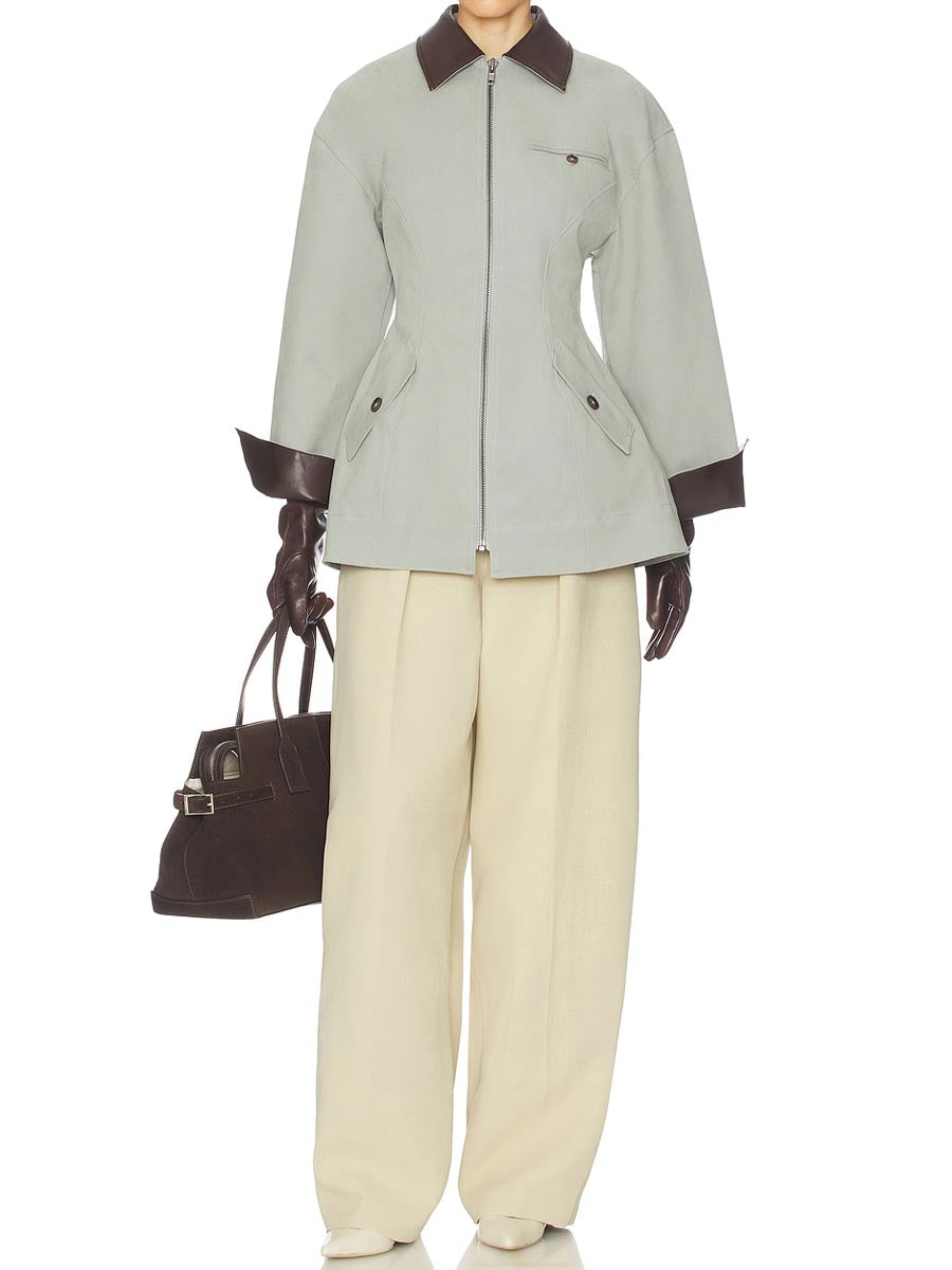 Faux Leather Collar Patchwork Zip Up Jacket