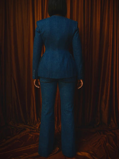 Tailored Confidence Denim Set – Double-Breasted Jacket & Flare Pants