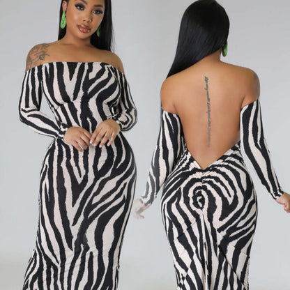 Off-shoulder backless long-sleeved dress