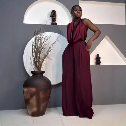 Halter neck elegant top with pockets and straight-leg pants