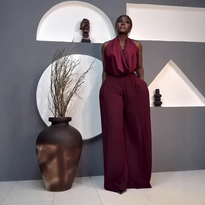 Halter neck elegant top with pockets and straight-leg pants