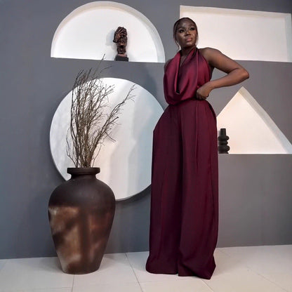 Halter neck elegant top with pockets and straight-leg pants