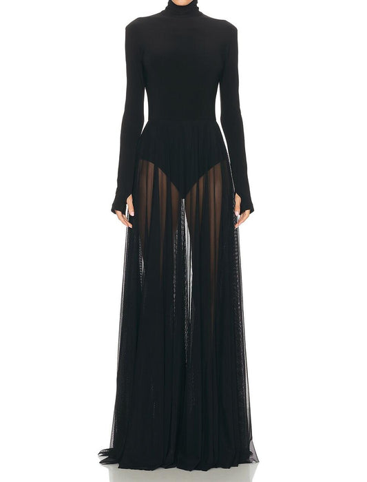 Long Sleeve Turtleneck Bodysuit Flared Gown