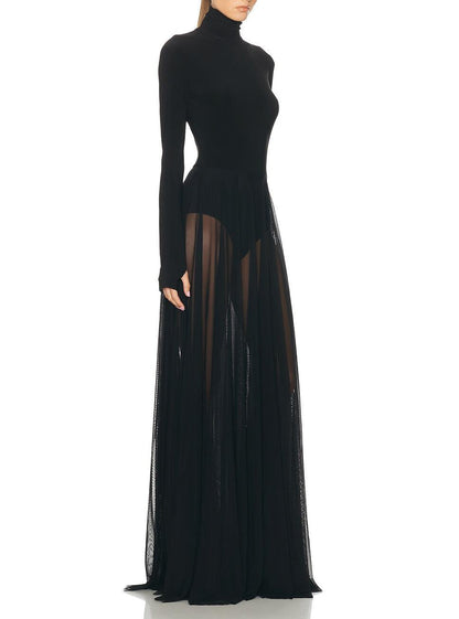 Long Sleeve Turtleneck Bodysuit Flared Gown