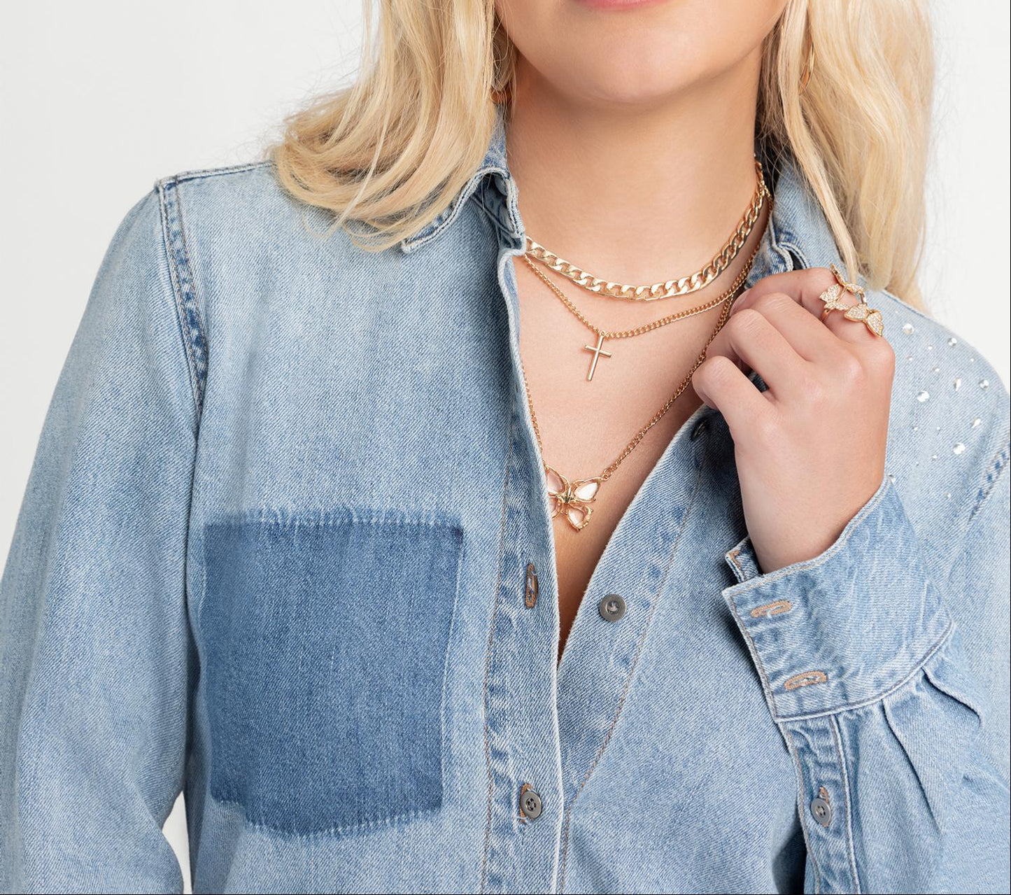 Women's two-tone denim long-sleeved shirt