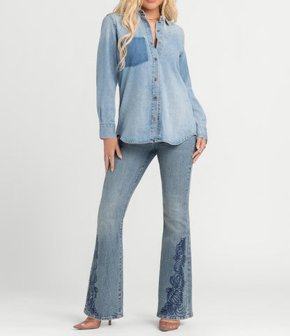 Women's two-tone denim long-sleeved shirt