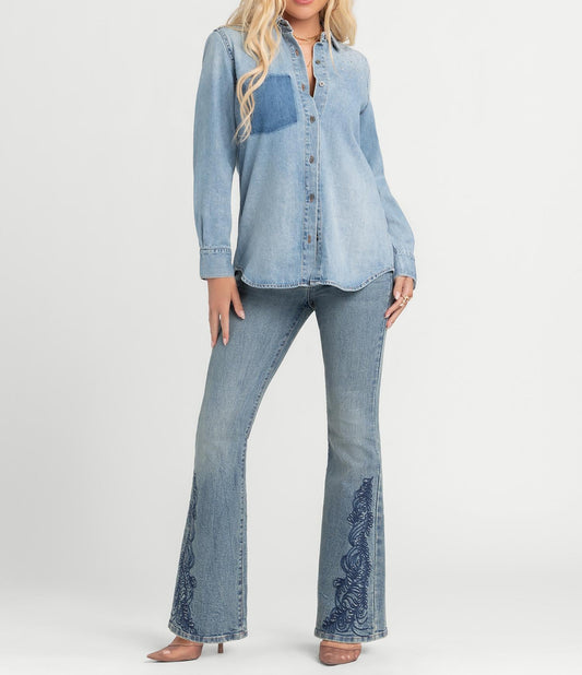 Women's two-tone denim long-sleeved shirt