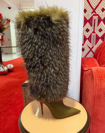 Pointed-toe stiletto heeled faux fur boots