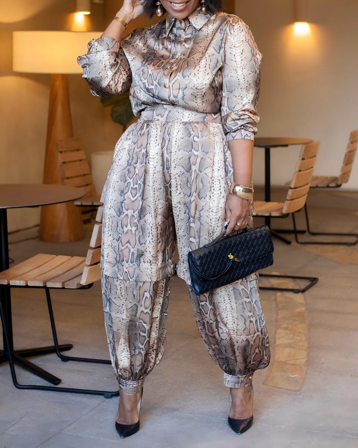 Snake print satin trouser suit