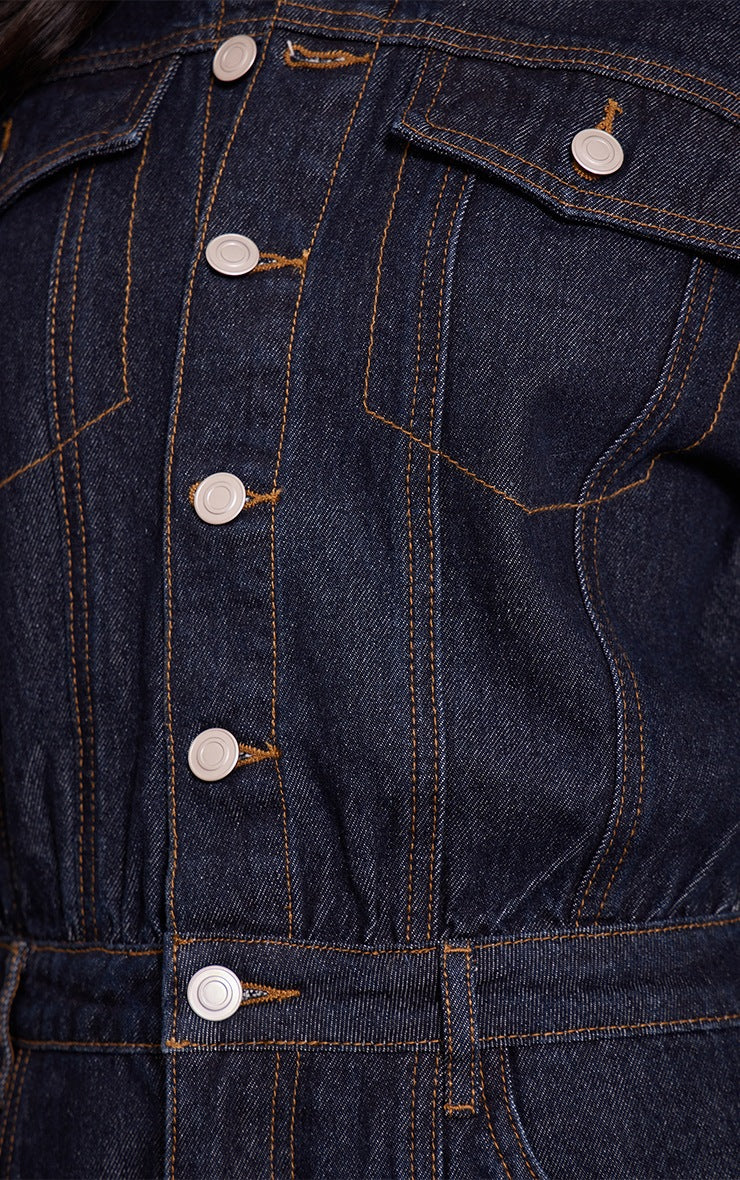 Color-blocked stitched long-sleeved denim jumpsuit