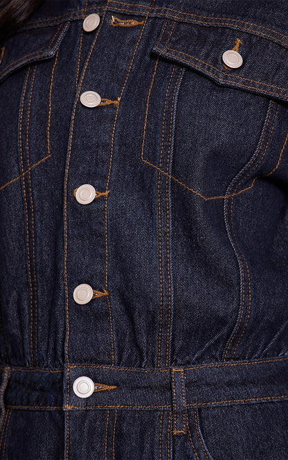 Color-blocked stitched long-sleeved denim jumpsuit