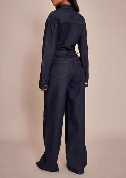 Color-blocked stitched long-sleeved denim jumpsuit