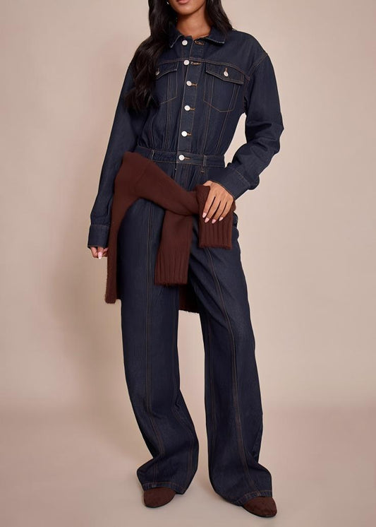 Color-blocked stitched long-sleeved denim jumpsuit