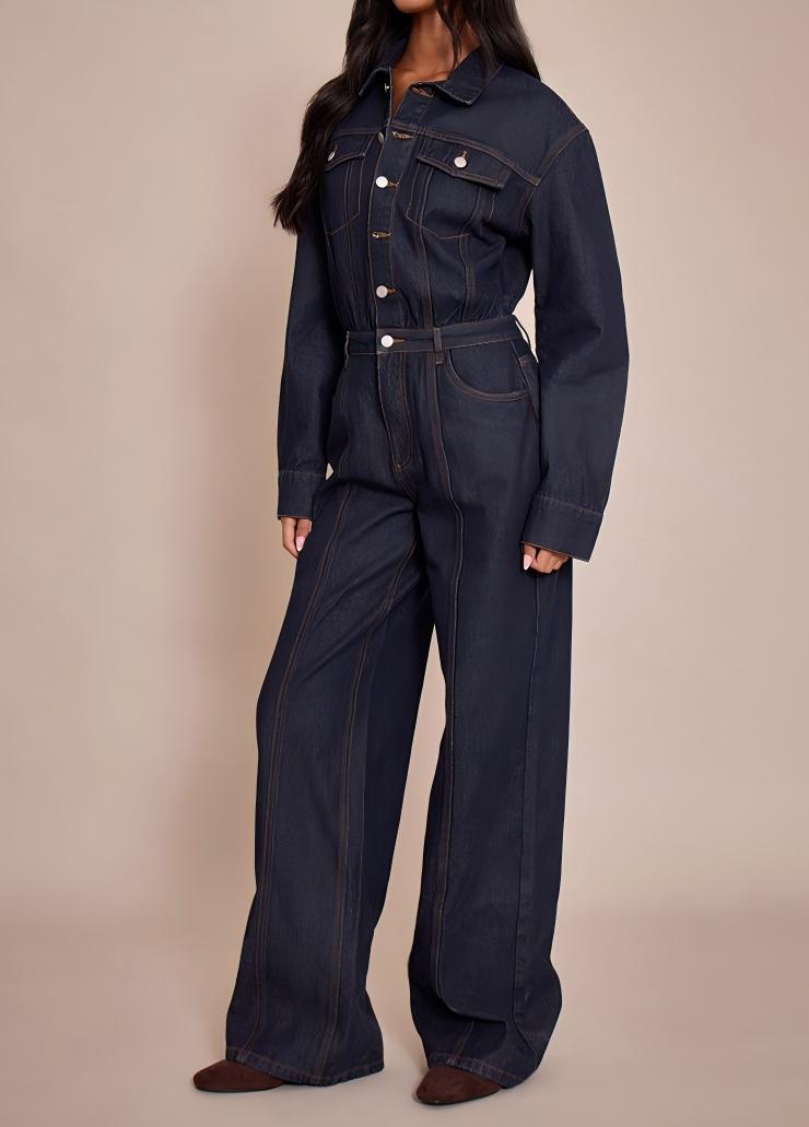 Color-blocked stitched long-sleeved denim jumpsuit