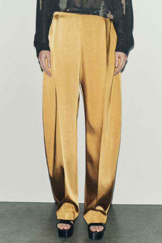 Silk-textured straight-leg pants