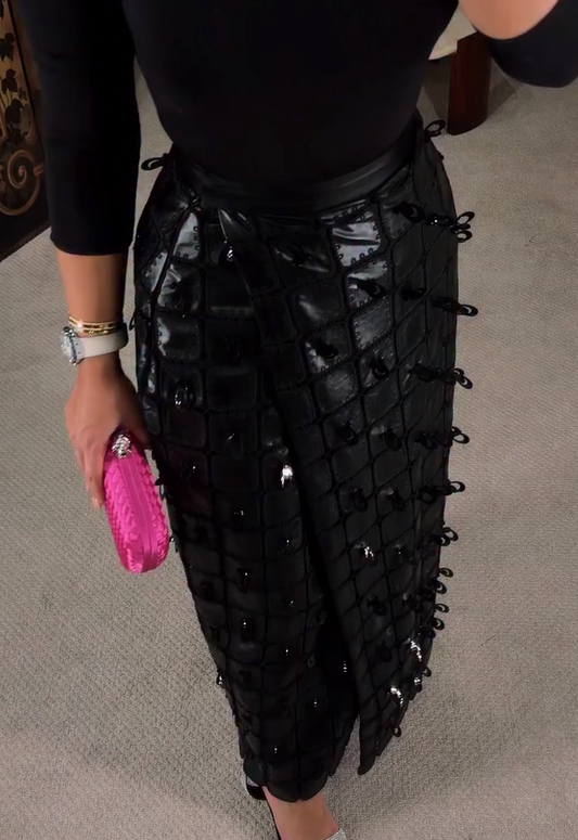 Leather beaded midi skirt
