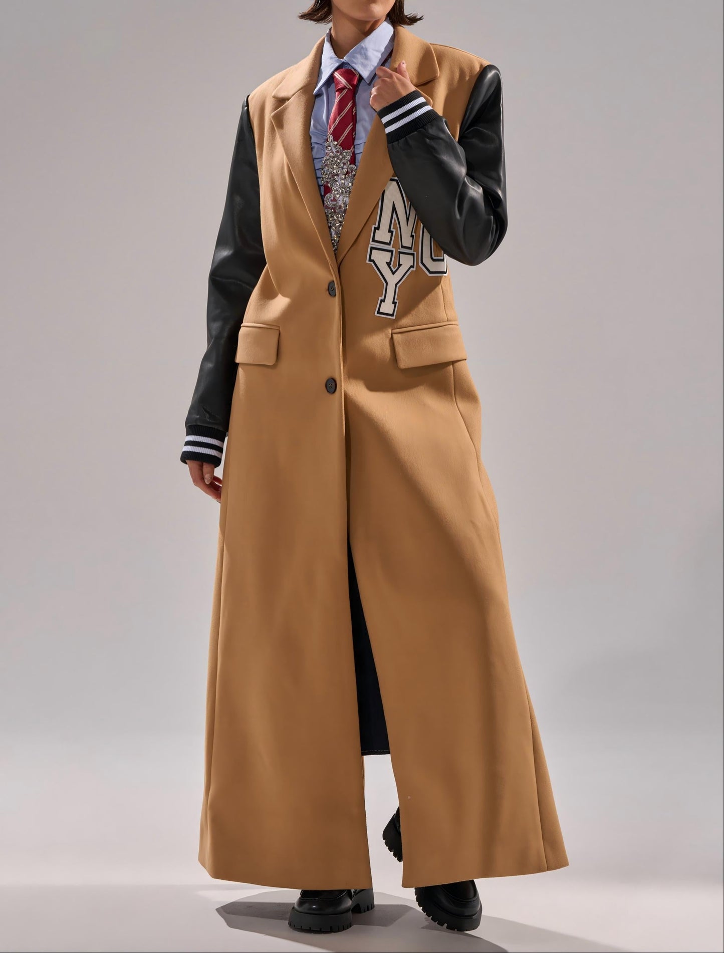 Faux leather long-sleeved baseball jacket