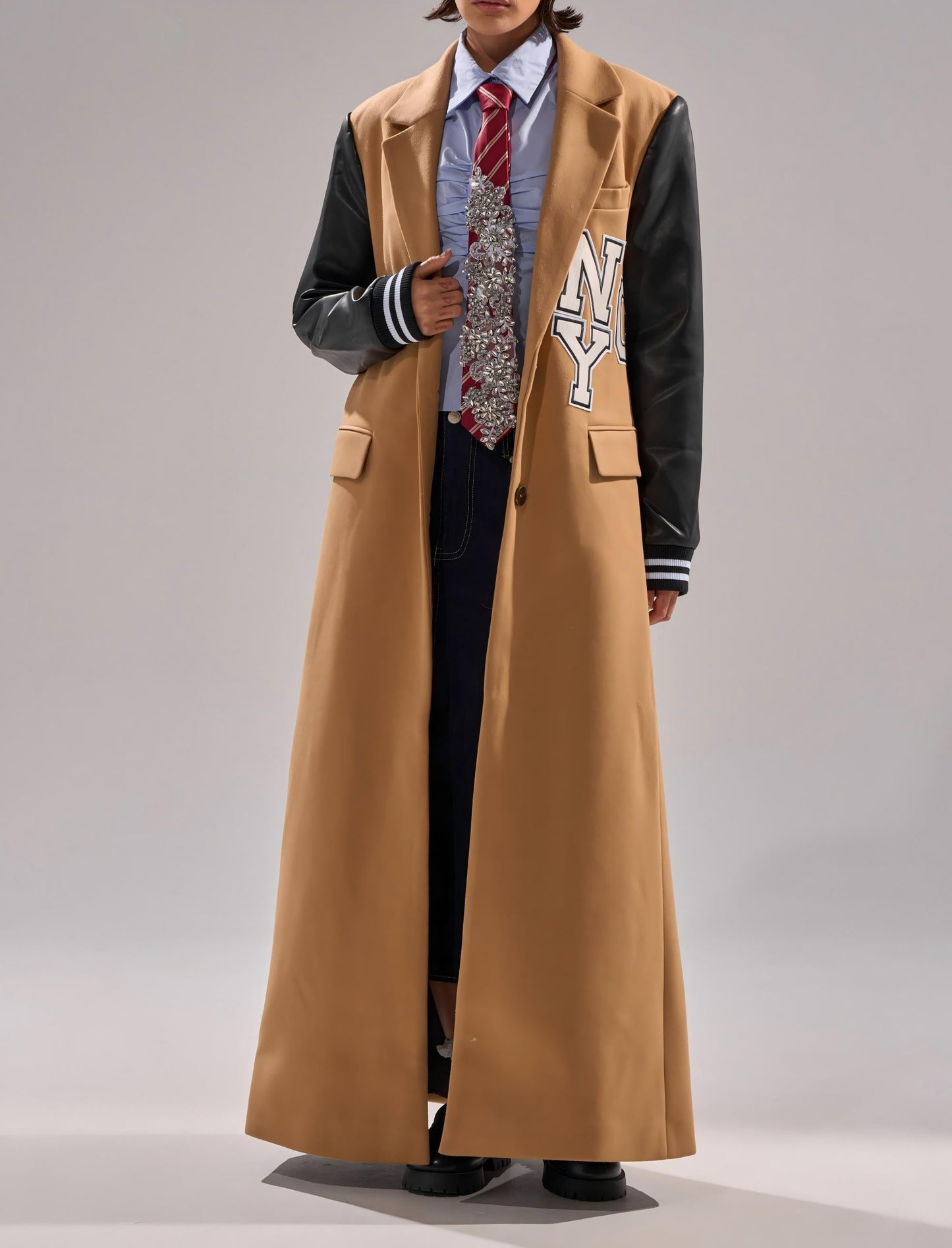 Faux leather long-sleeved baseball jacket