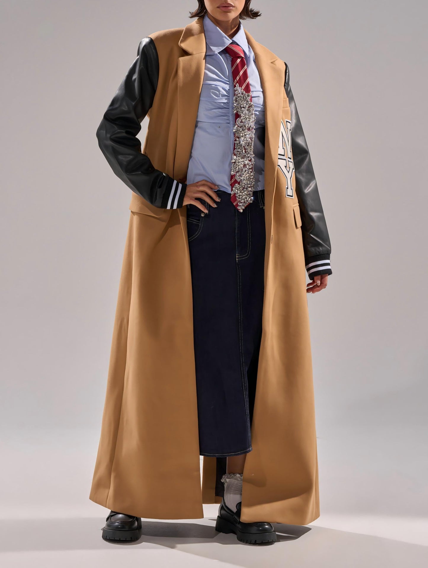 Faux leather long-sleeved baseball jacket