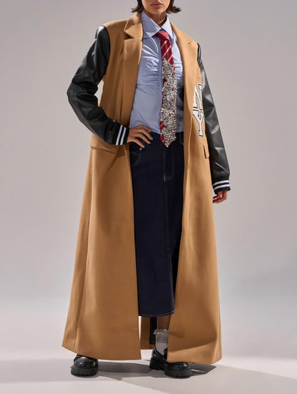 Faux leather long-sleeved baseball jacket