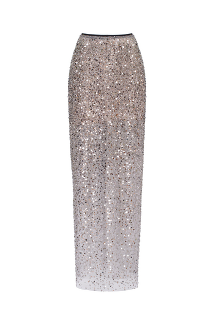 Beaded Silver Fitted Long Dress