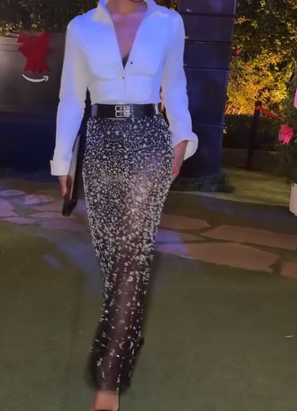 Beaded Silver Fitted Long Dress