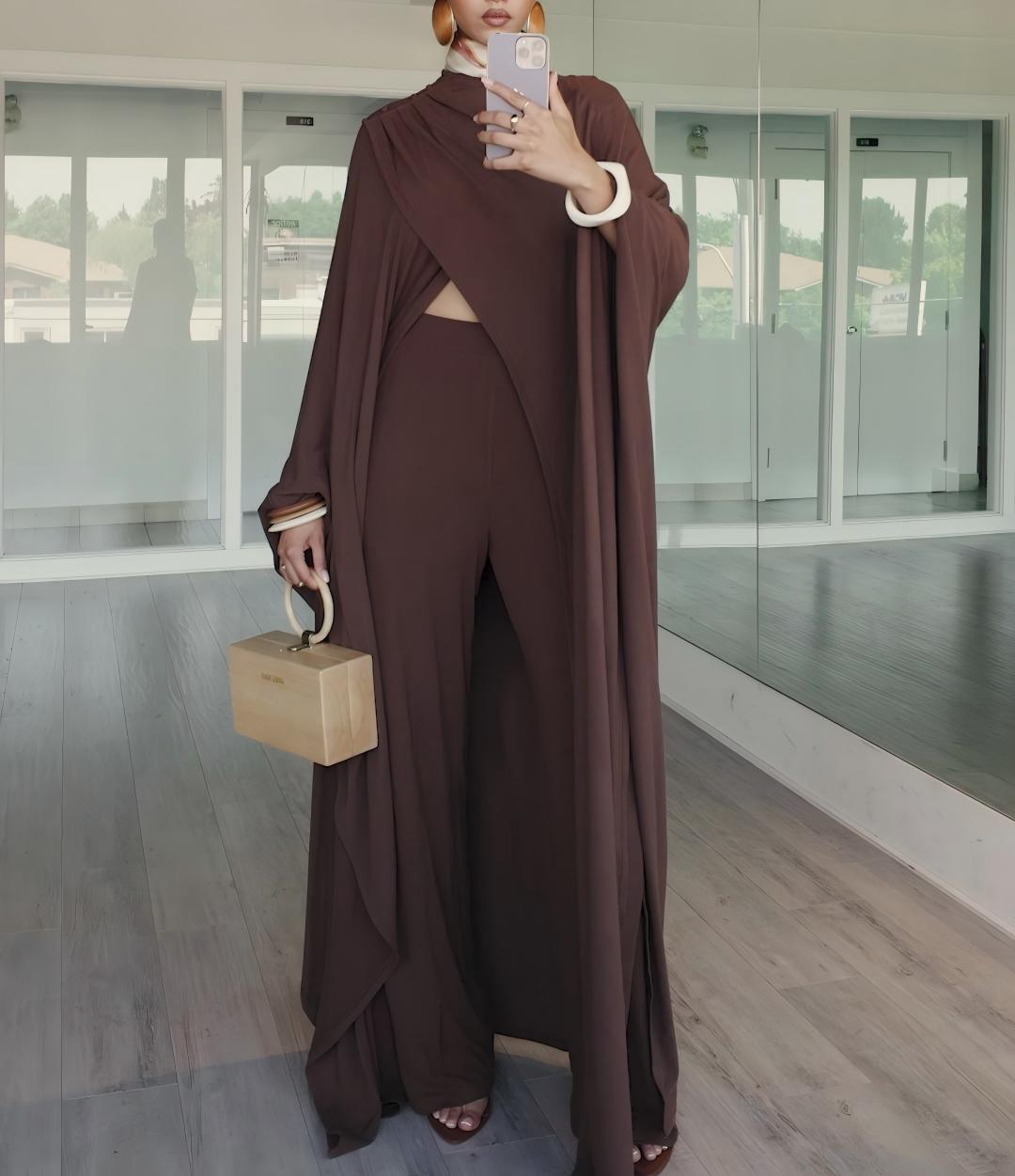 Draped knit shawl + trousers set