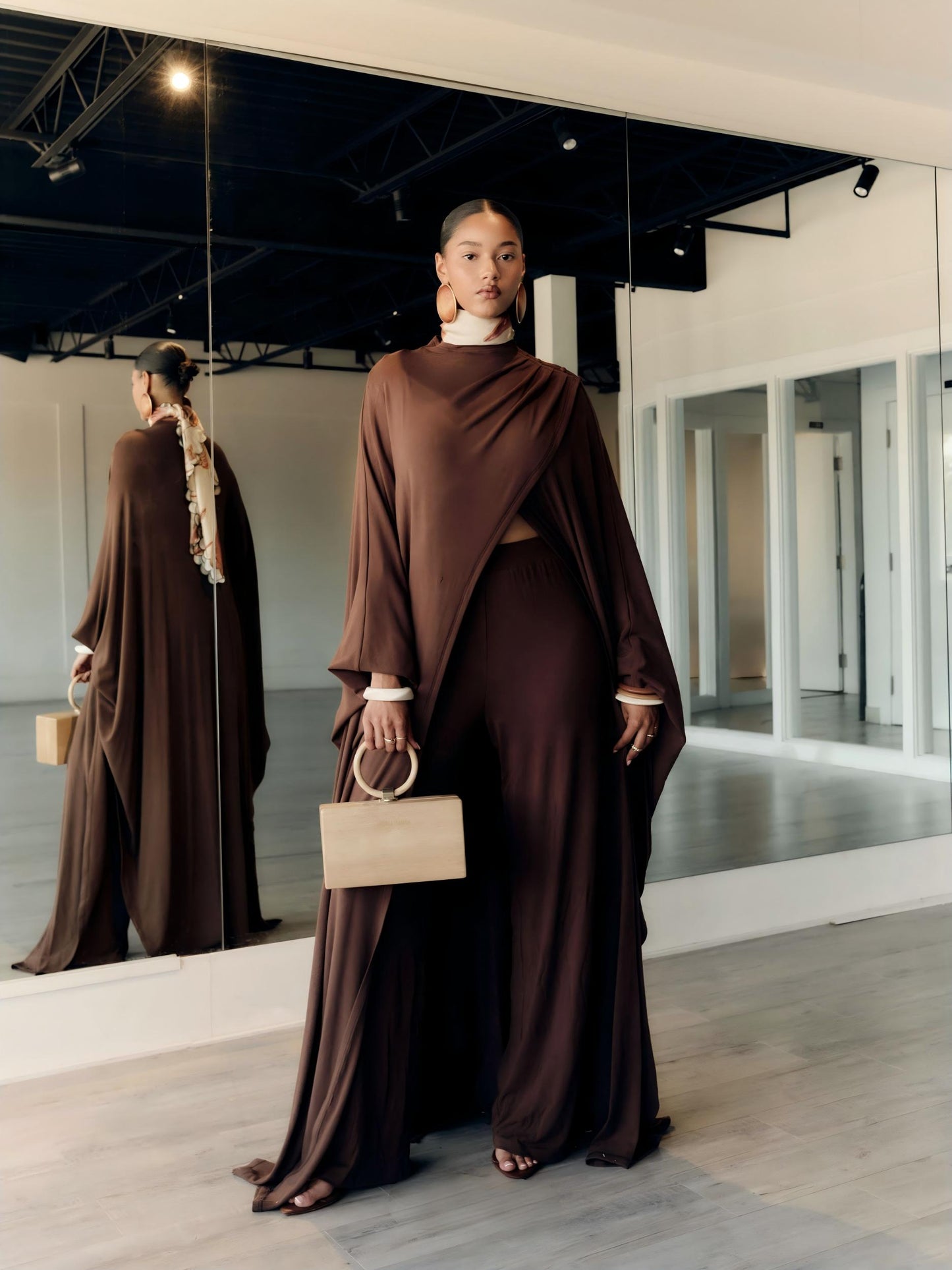 Draped knit shawl + trousers set