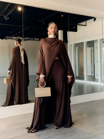 Draped knit shawl + trousers set