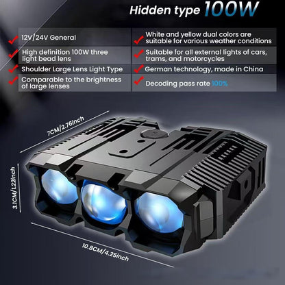 Car grille lights, three-lens LED spotlights, motorcycle headlights (high and low beams), waterproof dual-color blue film spotlights.