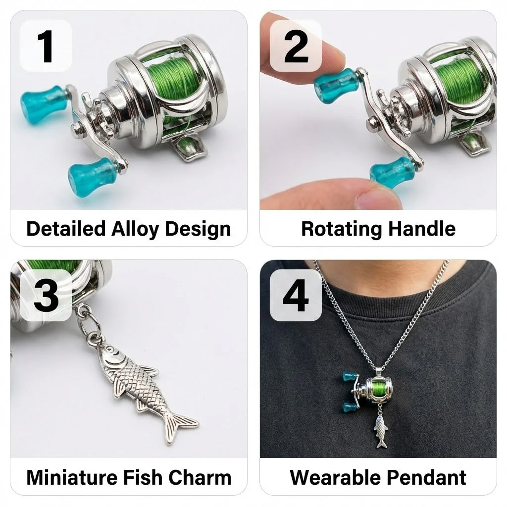 Mini Fishing Reel Rotating Necklace