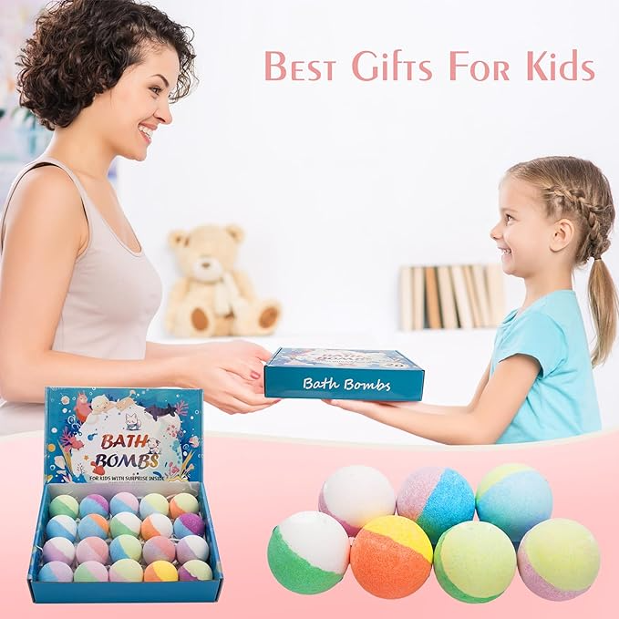 Bath Bombs for Kids, with Surprise Inside, 20 Pieces, Bath Bombs Gift Set with Toys for Toddlers, 3-12 Years