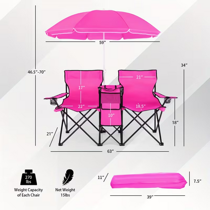 Portable Folding Picnic Double Chair With Umbrella
