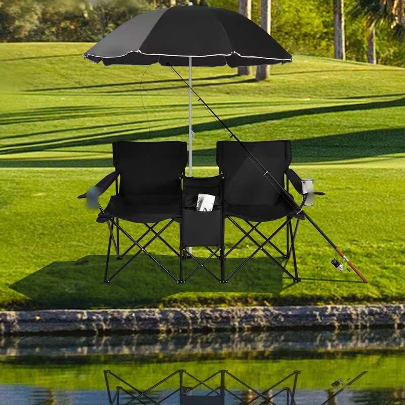 Portable Folding Picnic Double Chair With Umbrella
