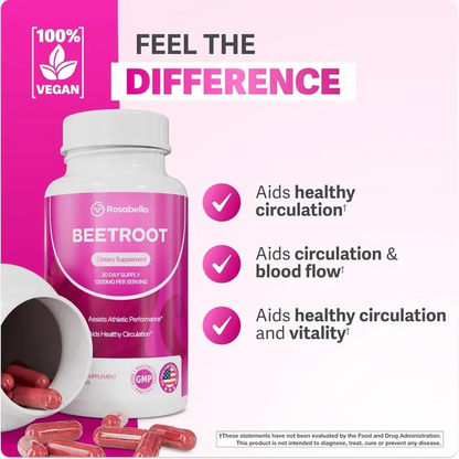 3 Pack of Rosabella Organic Beetroot Capsules (1300mg) for Blood Flow & Heart Health