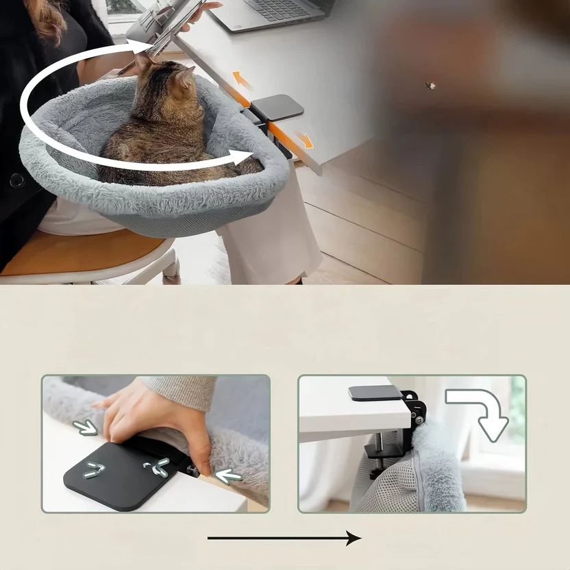 360° Rotating Desk Cat Bed Perch - Height Adjustable, Holds 50 Lbs, Washable Cover For Office & Gaming Desks