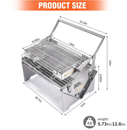 360° Rotating Stainless Steel Portable Camping Charcoal BBQ Grill Outdoor