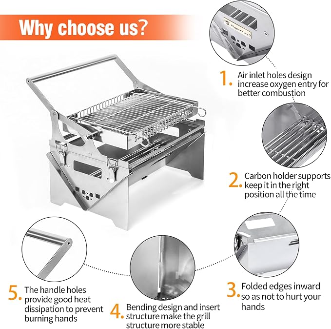360° Rotating Stainless Steel Portable Camping Charcoal BBQ Grill Outdoor