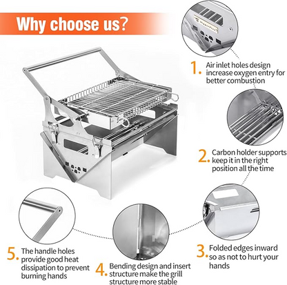 360° Rotating Stainless Steel Portable Camping Charcoal BBQ Grill Outdoor