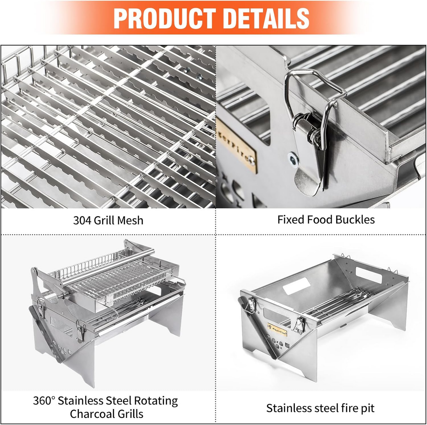 360° Rotating Stainless Steel Portable Camping Charcoal BBQ Grill Outdoor