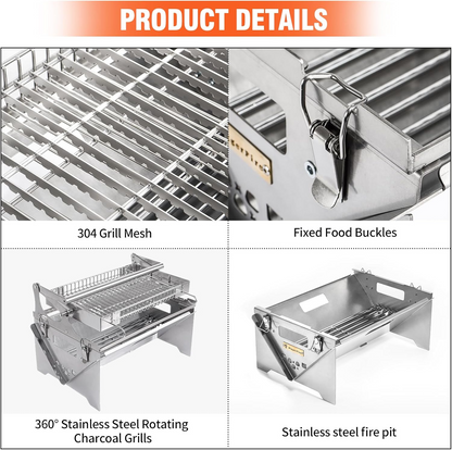 360° Rotating Stainless Steel Portable Camping Charcoal BBQ Grill Outdoor