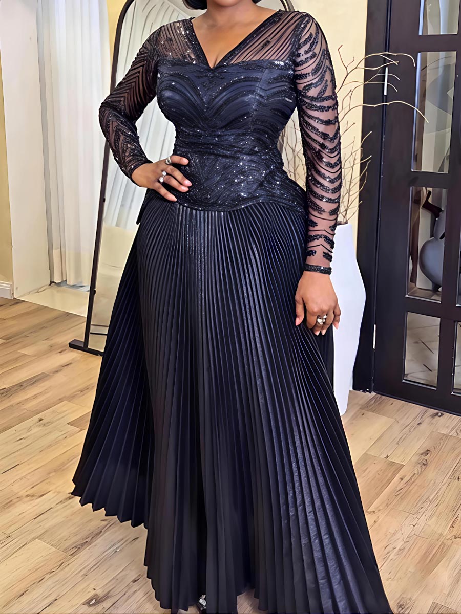 Sequined V Neck Pleated Two Pieces Dress