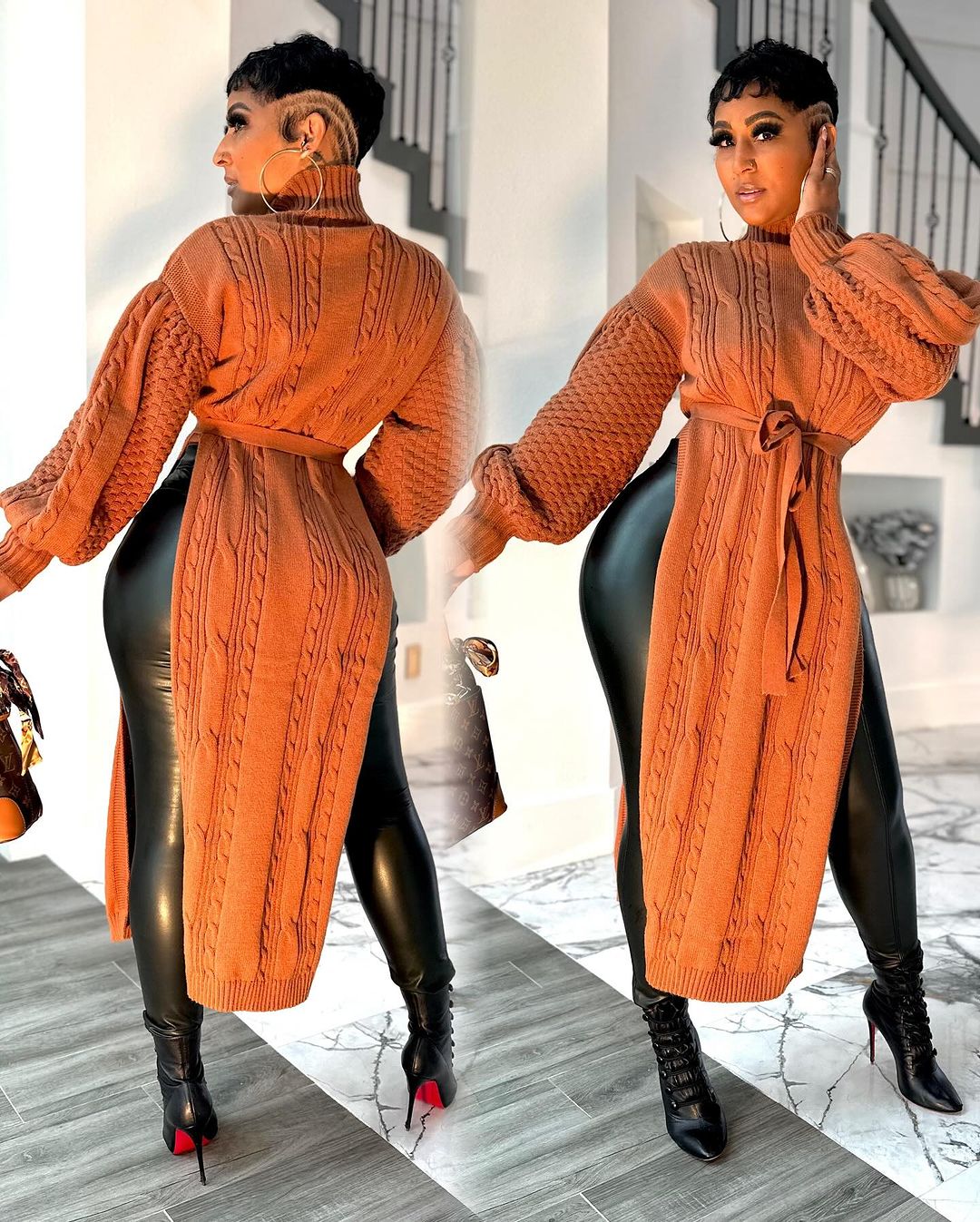 Lantern sleeve side slit turtleneck long sweater skirt