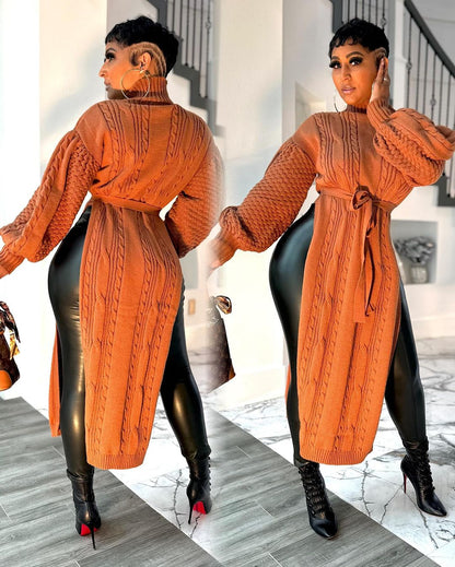 Lantern sleeve side slit turtleneck long sweater skirt