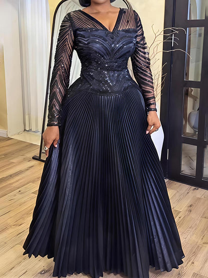 Sequined V Neck Pleated Two Pieces Dress