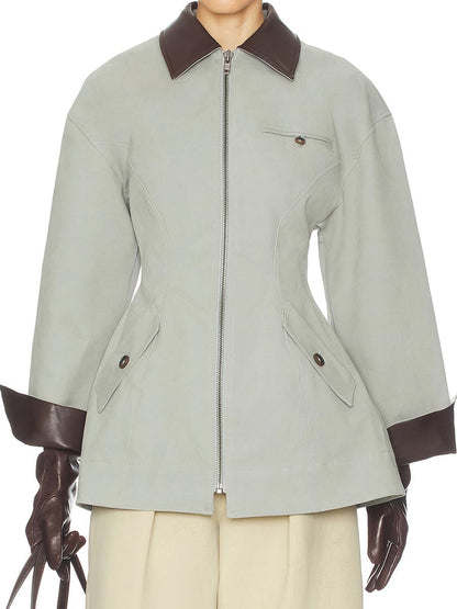 Faux Leather Collar Patchwork Zip Up Jacket