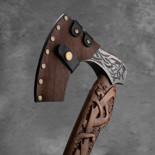 Engraved Nordic battle axe, tactical camping axe